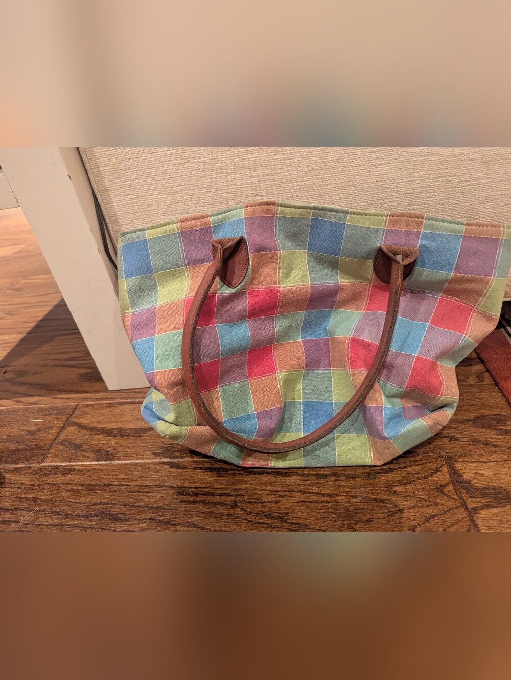 Multicolor Checkered Canvas Tote Bag with Brown Leather Handles